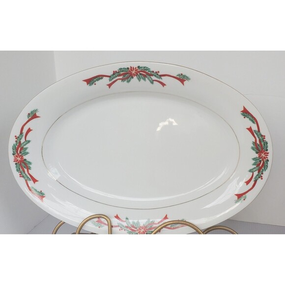 Vintage Tienshan Oval Platter Fine China Poinsettia & Ribbon Christmas 14" Plate - Picture 1 of 8